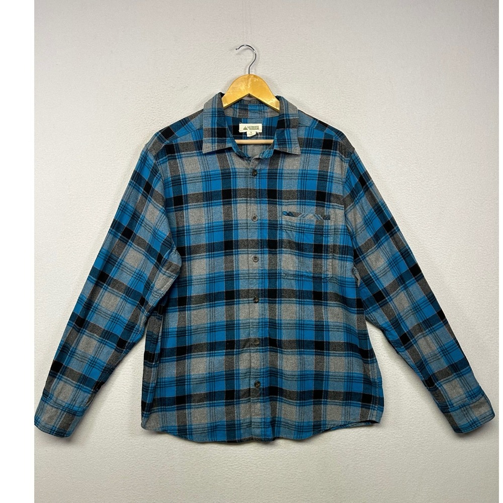 Gorpcore Ultimate Terrain Mens Large Blue Grey Plaid Cotton Flannel Shirt